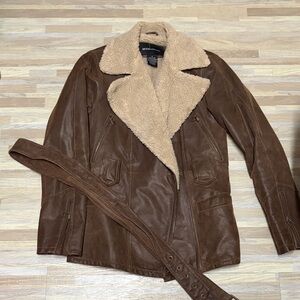 Moda International- Brown Leather Jacket with Shearling Collar